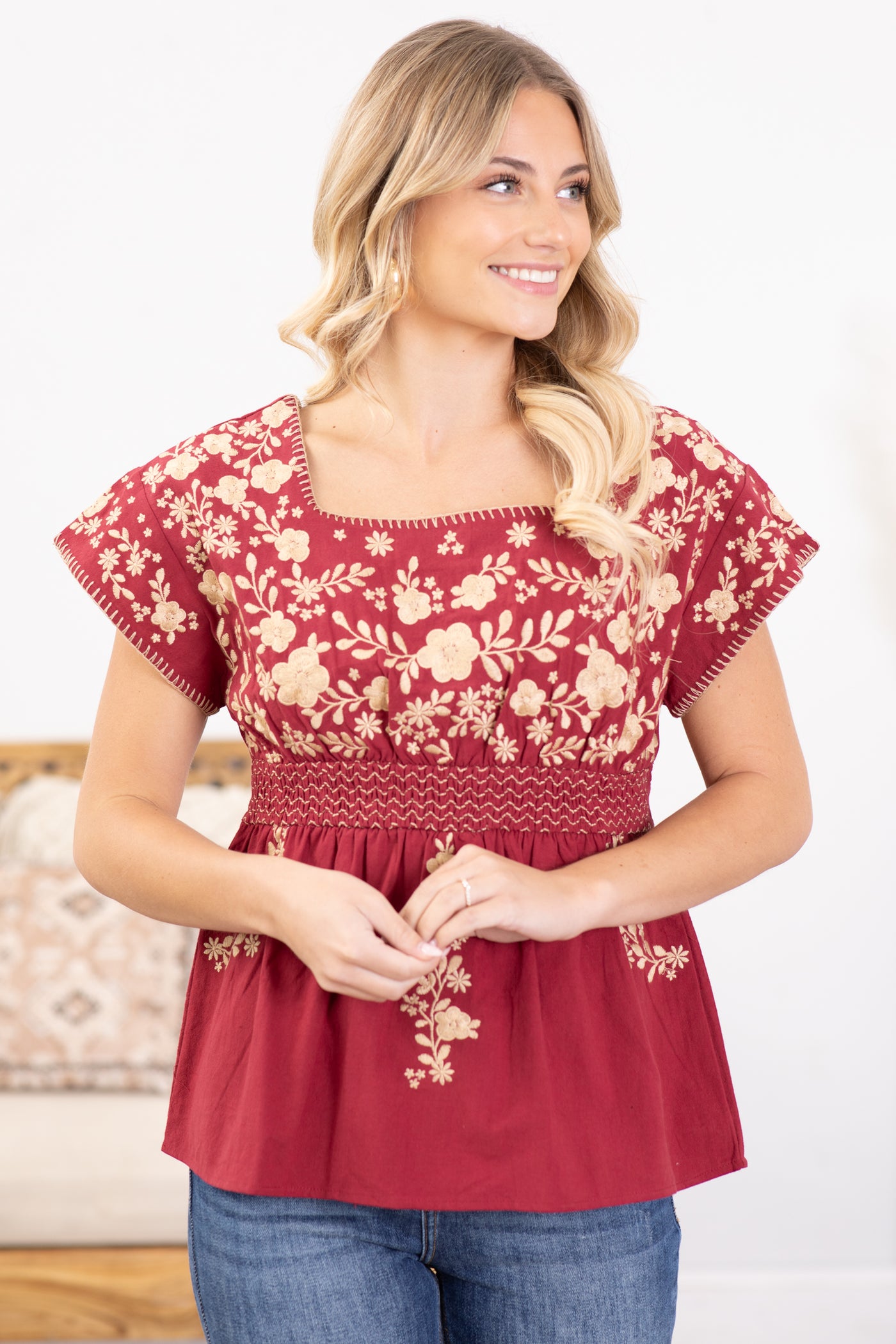 Maroon Floral Embroidery Babydoll Woven Top