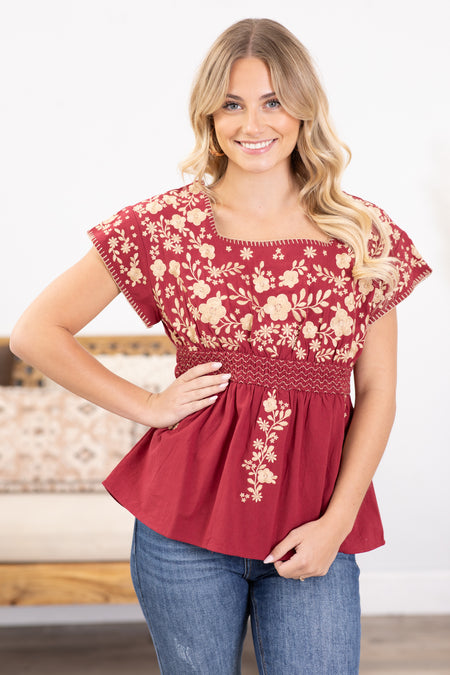 Maroon Floral Embroidery Babydoll Woven Top