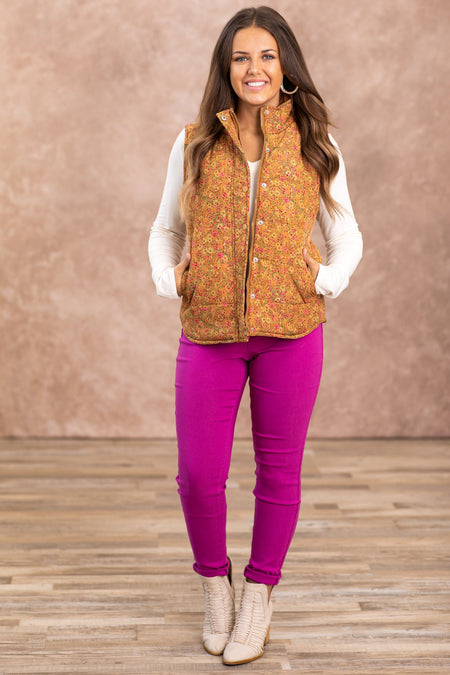 Camel Ditsy Floral Channel Quilted Vest - Filly Flair