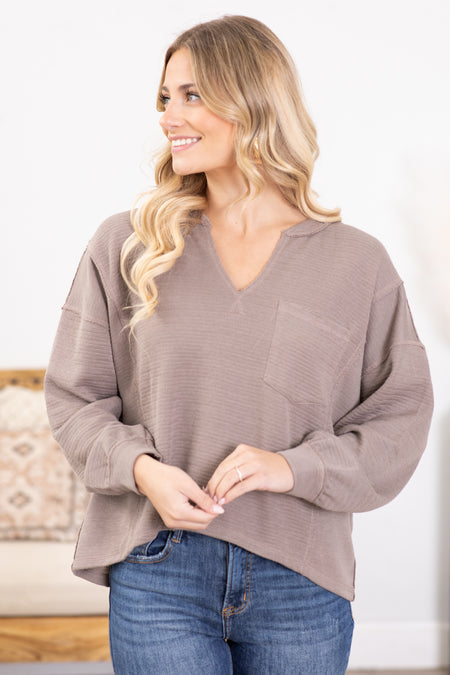 Solid Patchwork Split Neck Knit Top