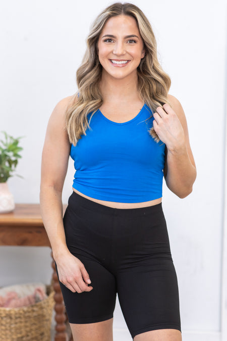 Bright Blue Cotton V-Neck Cropped Cami Top