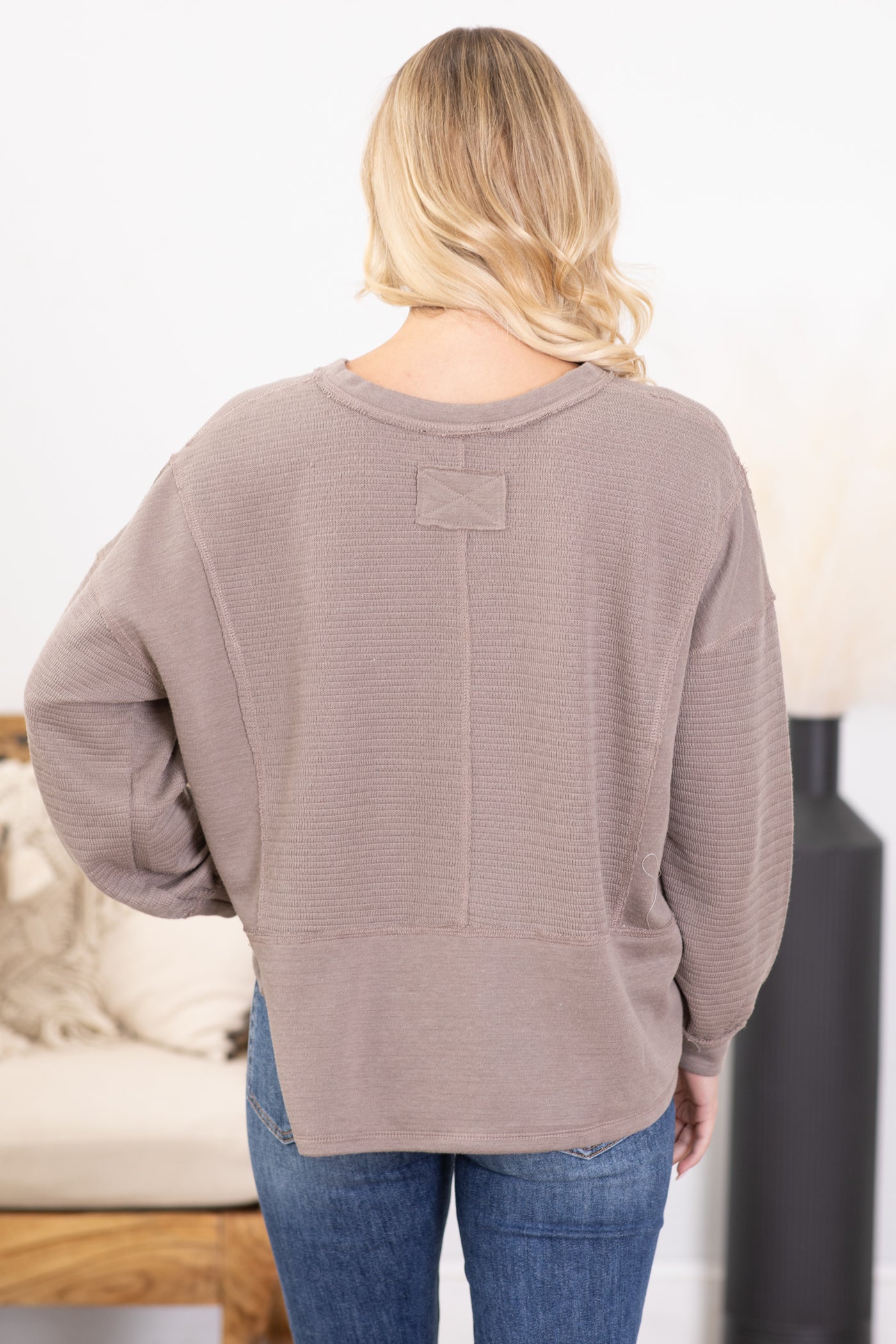 Solid Patchwork Split Neck Knit Top