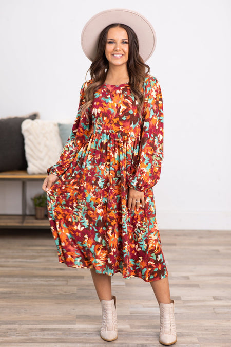 Wine and Turquoise Floral Print Midi Dress - Filly Flair