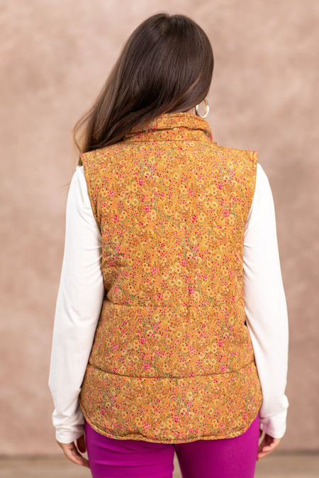 Camel Ditsy Floral Channel Quilted Vest - Filly Flair