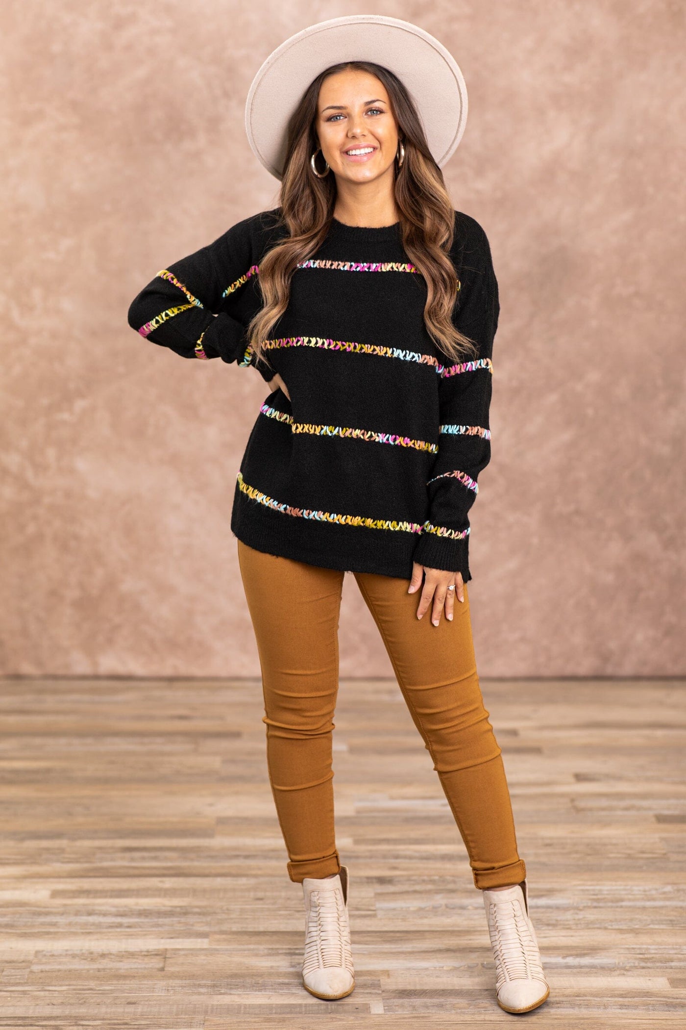 Black Sweater With Multicolor Stitch Detail - Filly Flair