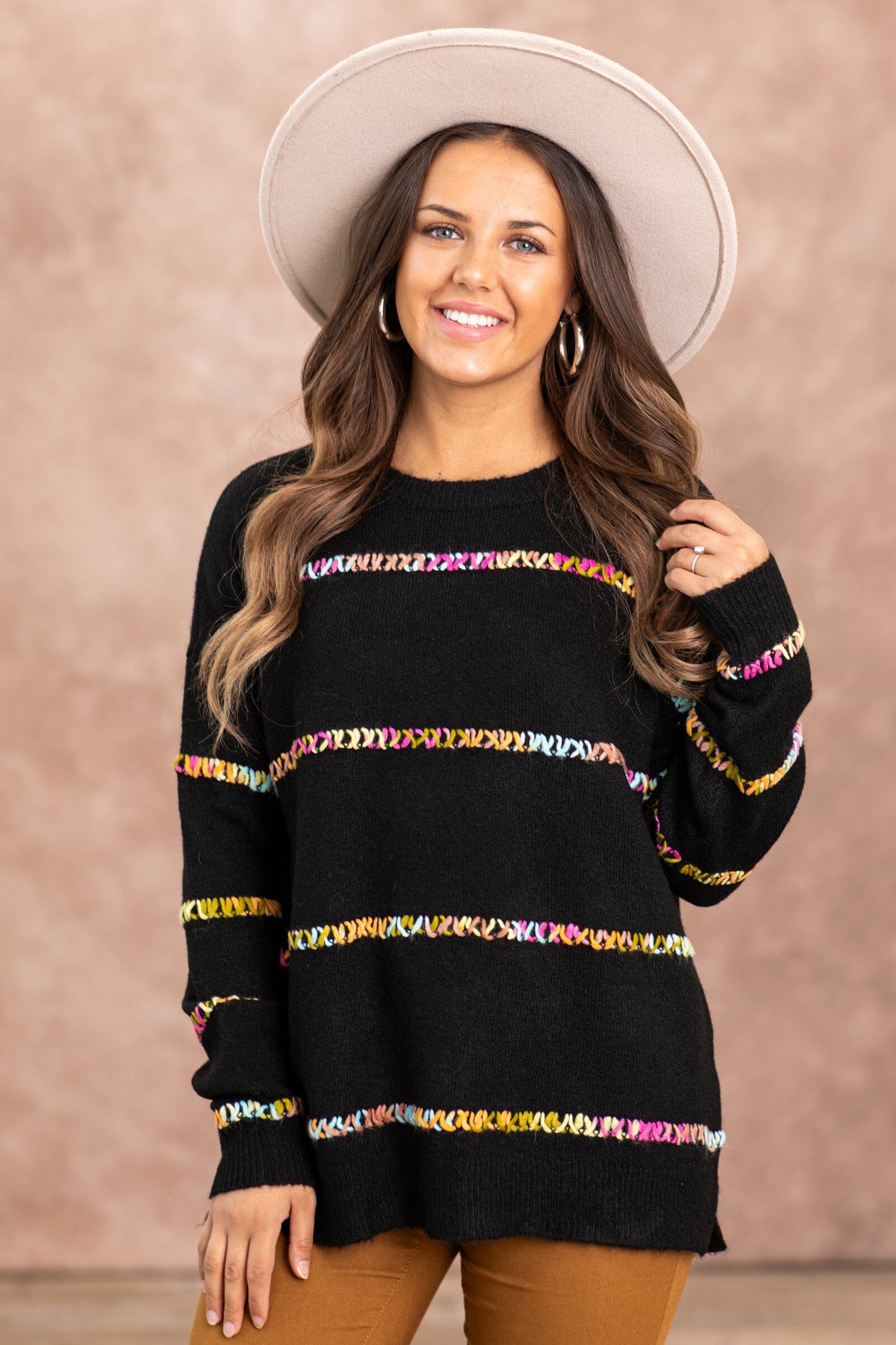 Black Sweater With Multicolor Stitch Detail - Filly Flair