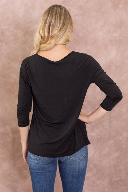 Solid Wrinkle Free V-Neck 3/4 Sleeve Knit Top