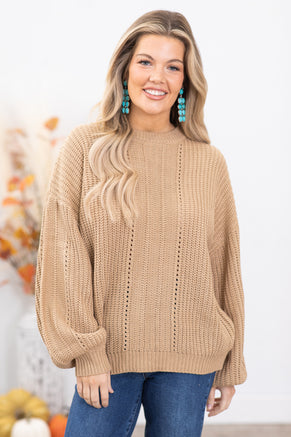 Tan Ribbed Sweater With Fishnet Detail