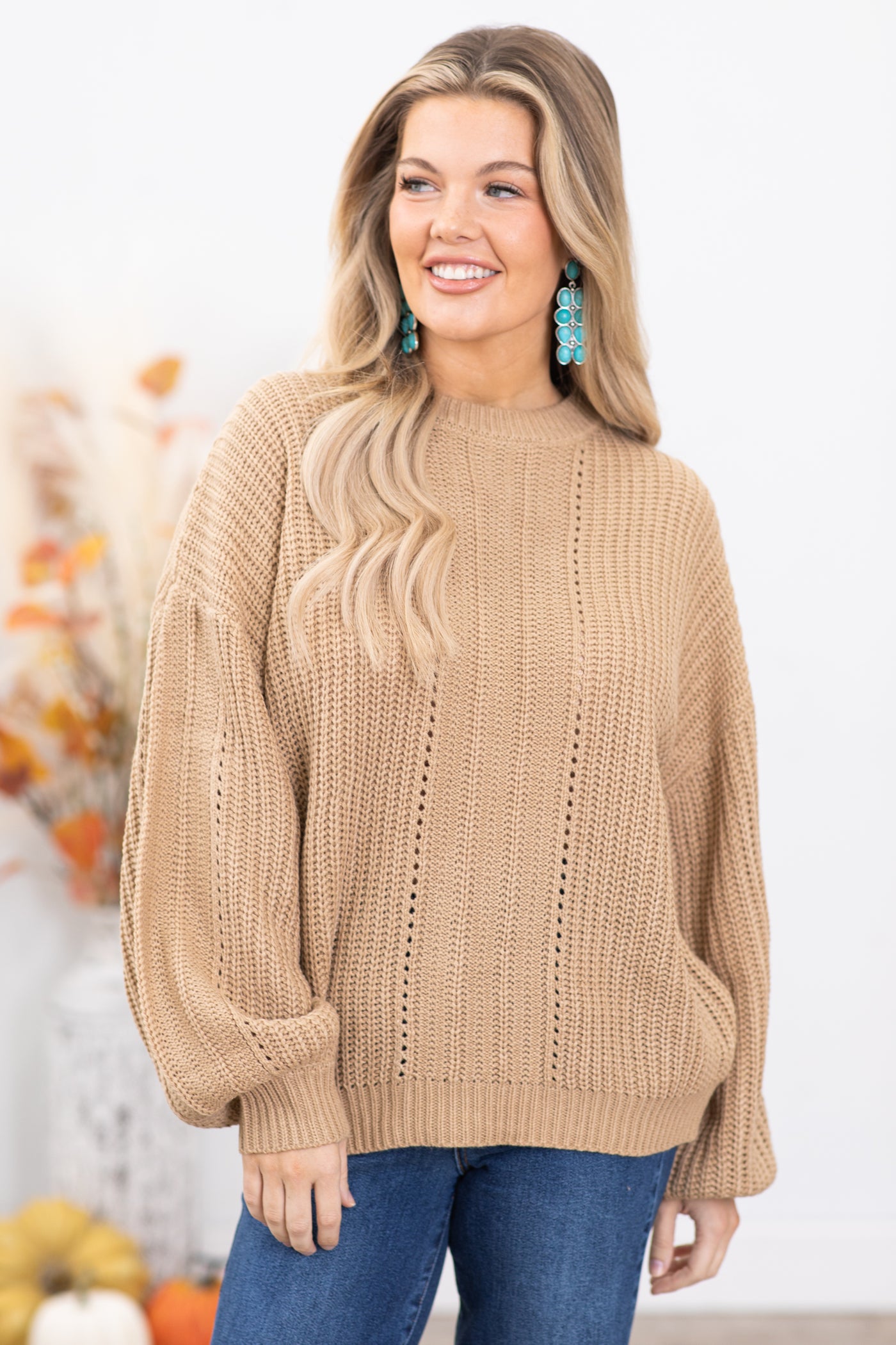 Tan Ribbed Sweater With Fishnet Detail