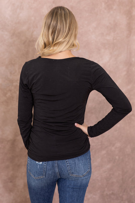 Black Cowl Neck Long Sleeve Wrinkle Free Top