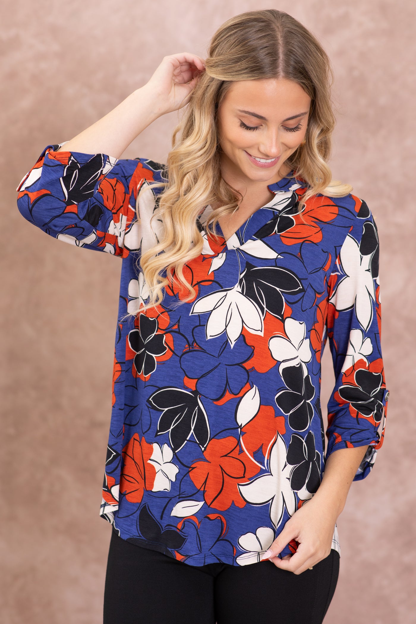 Navy And Orange Floral Wrinkle Free Lizzy Top