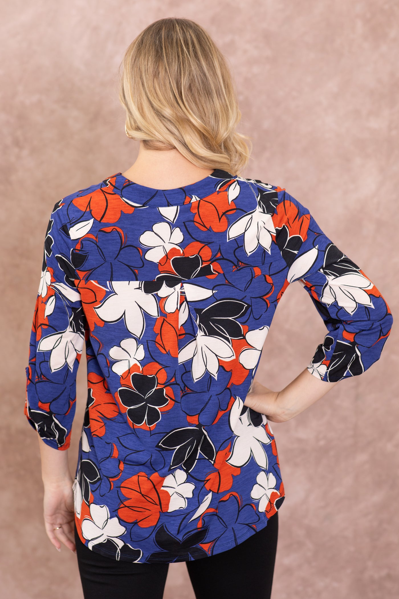 Navy And Orange Floral Wrinkle Free Lizzy Top