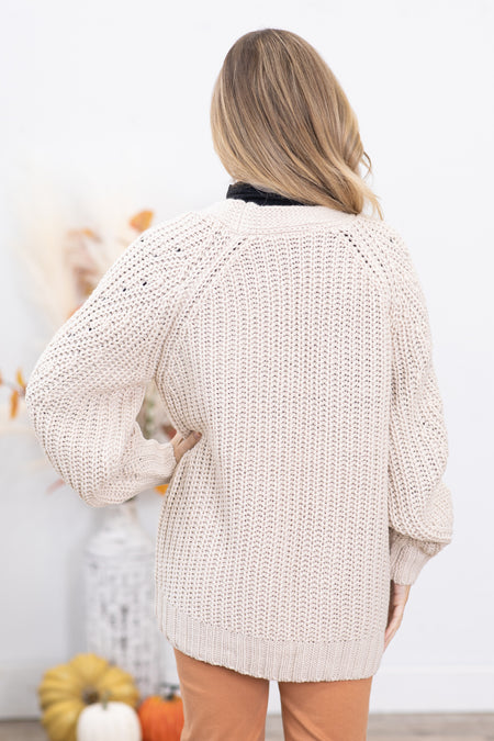 Beige Chunky Knit Cardigan With Pockets