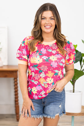 Pink Multicolor Floral Contrast Trim Top - Filly Flair