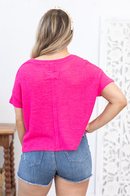 Hot Pink Drop Shoulder Jacquard Knit Top