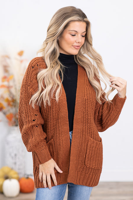 Cognac Chunky Knit Cardigan With Pockets