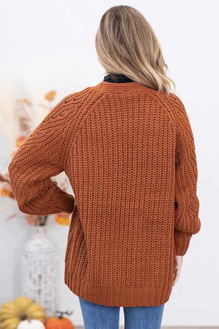 Cognac Chunky Knit Cardigan With Pockets