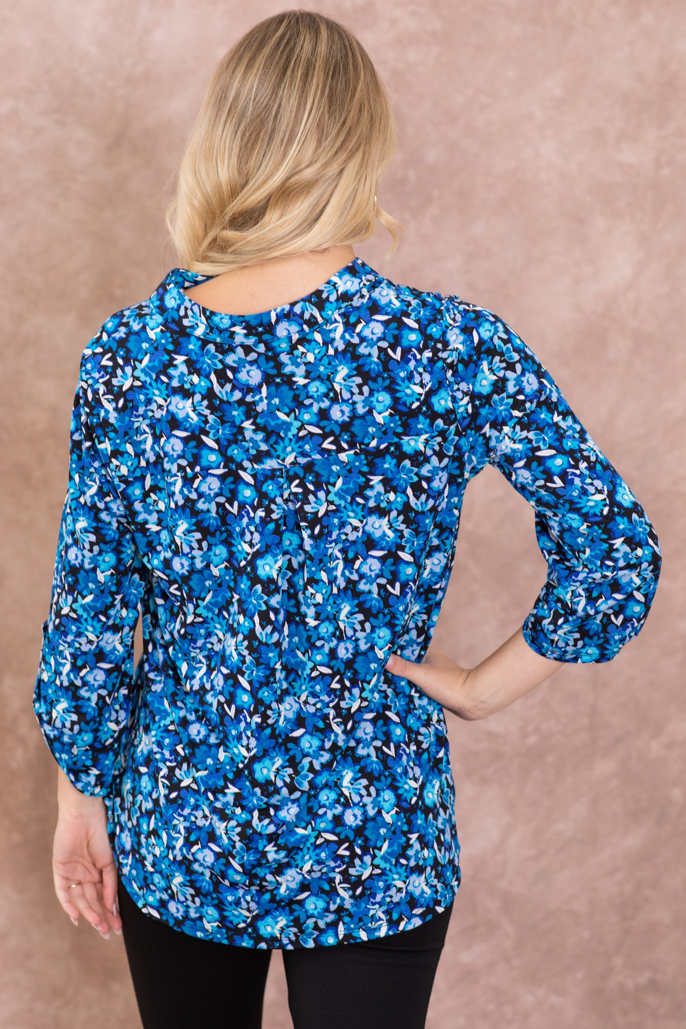 Blue Floral Print Wrinkle Free Lizzy Top