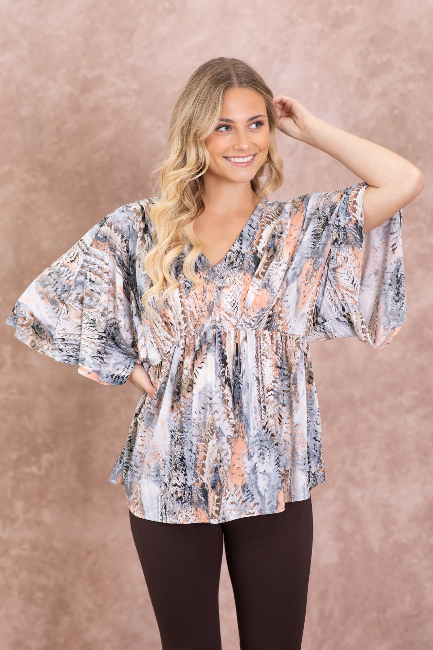 Peach And Grey Babydoll Wrinkle Free Lizzy Top