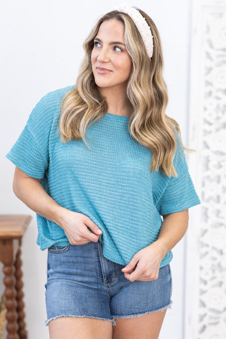 Dusty Teal Drop Shoulder Jacquard Knit Top