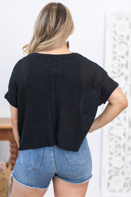 Black Drop Shoulder Jacquard Knit Top