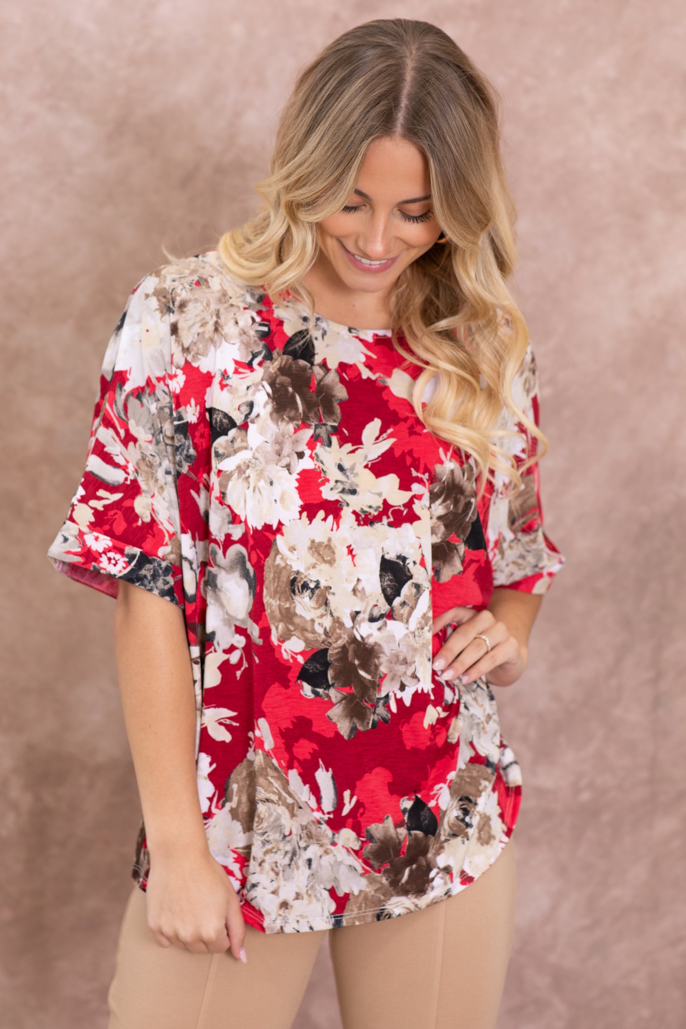 Crimson Floral Dolman Wrinkle Free Top