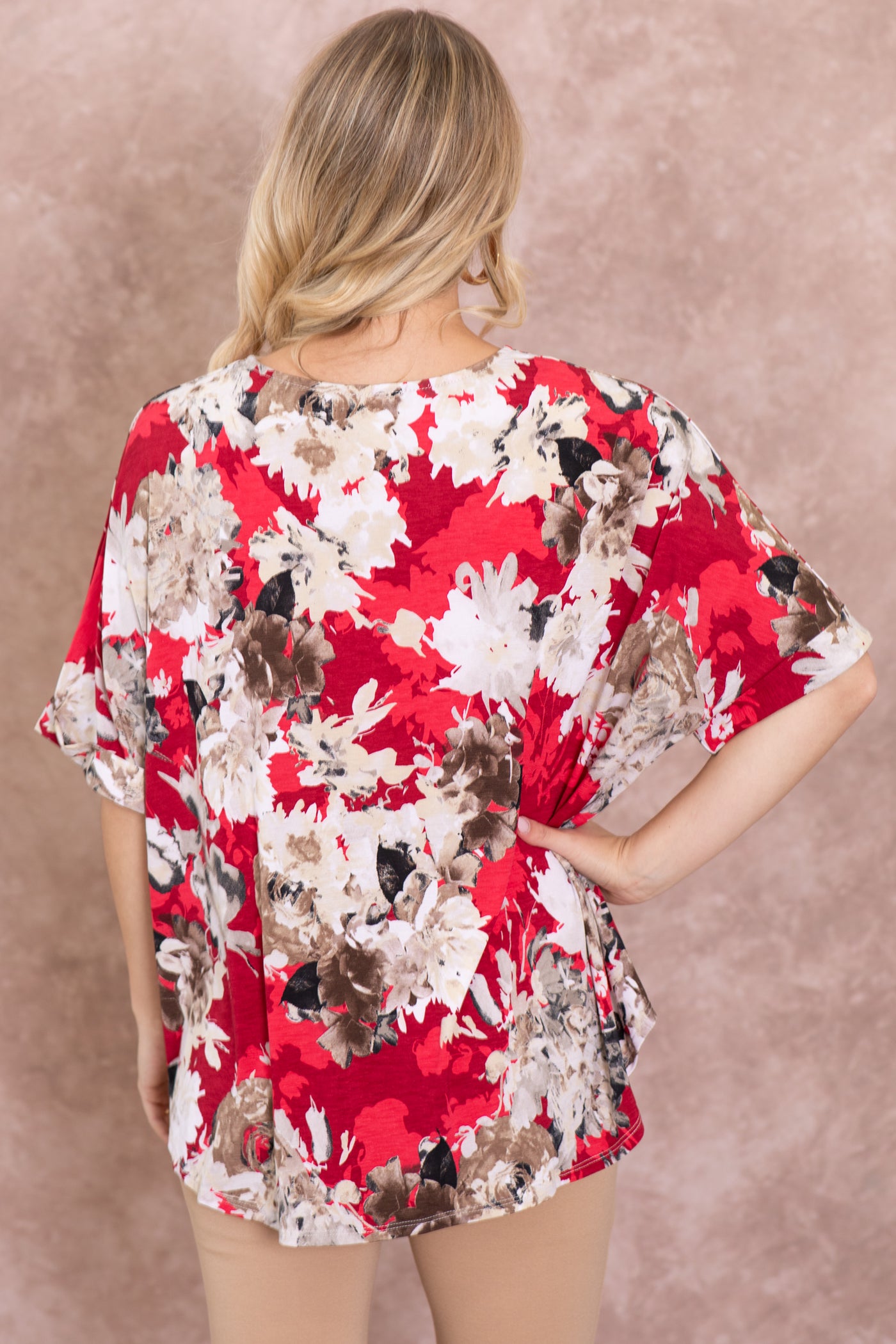 Crimson Floral Dolman Wrinkle Free Top