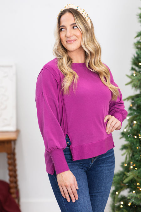 Berry Solid Comfort Round Neck Knit Top