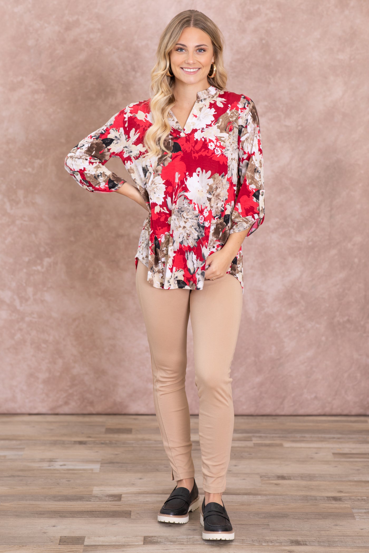 Red And Beige Floral Wrinkle Frees Lizzy Top