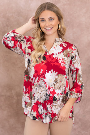 Red And Beige Floral Wrinkle Frees Lizzy Top