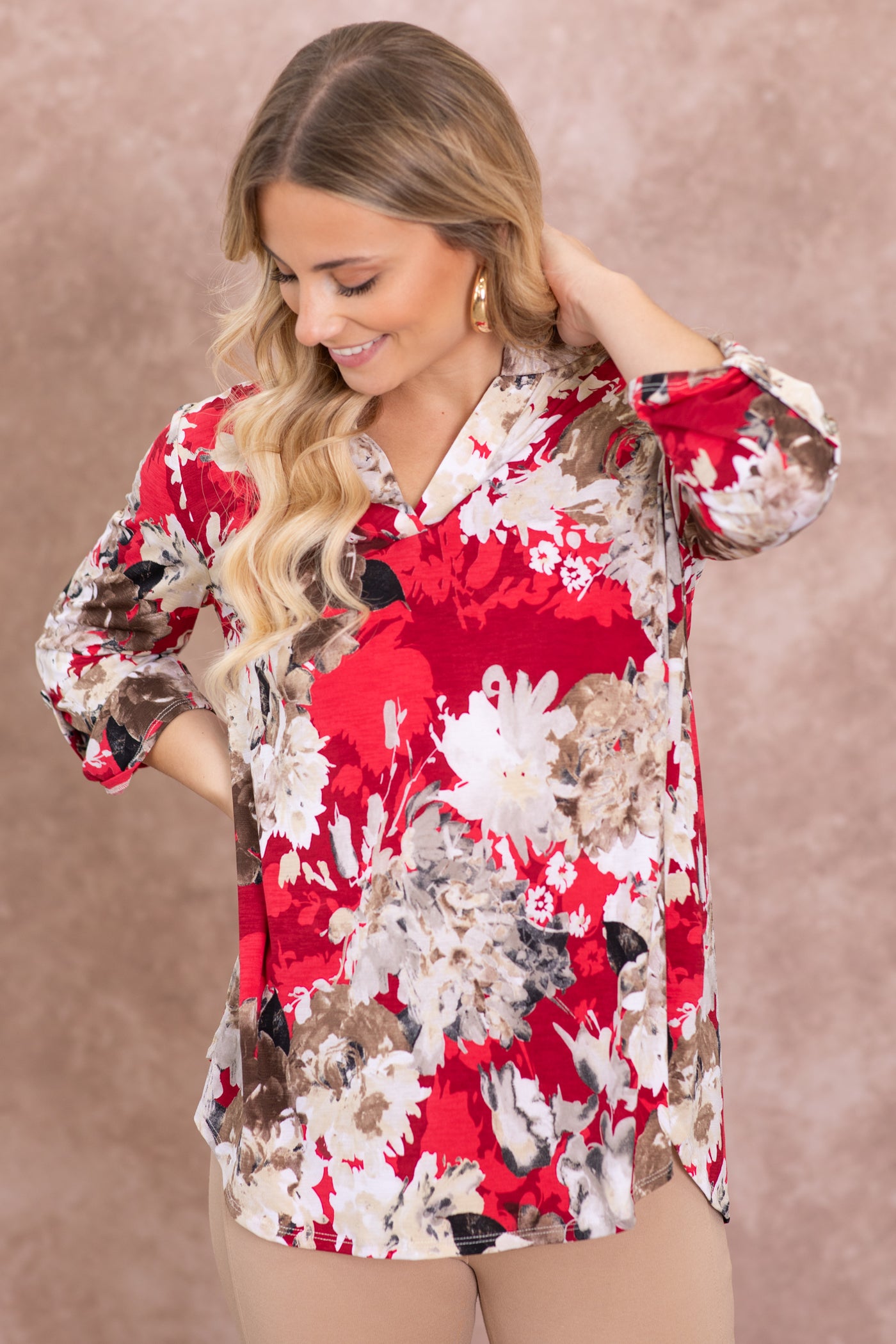 Red And Beige Floral Wrinkle Frees Lizzy Top