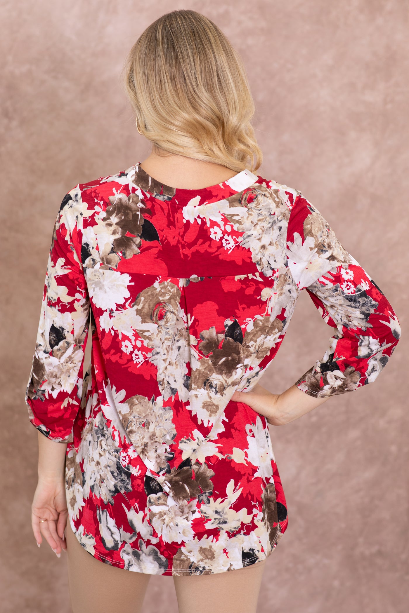 Red And Beige Floral Wrinkle Frees Lizzy Top