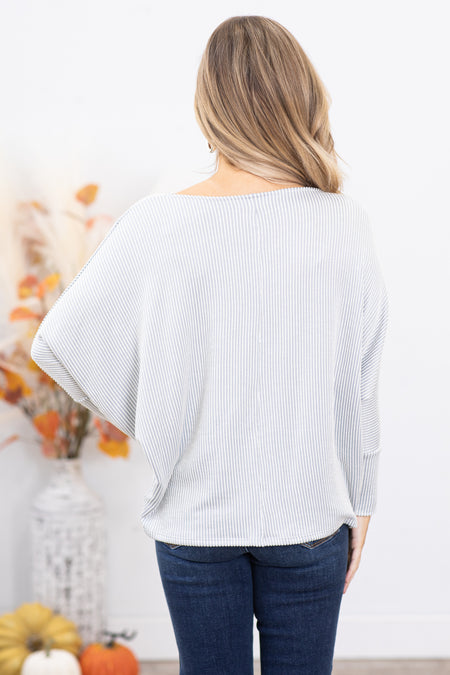 Grey Ribbed Boat Neck Dolman Sleeve Top