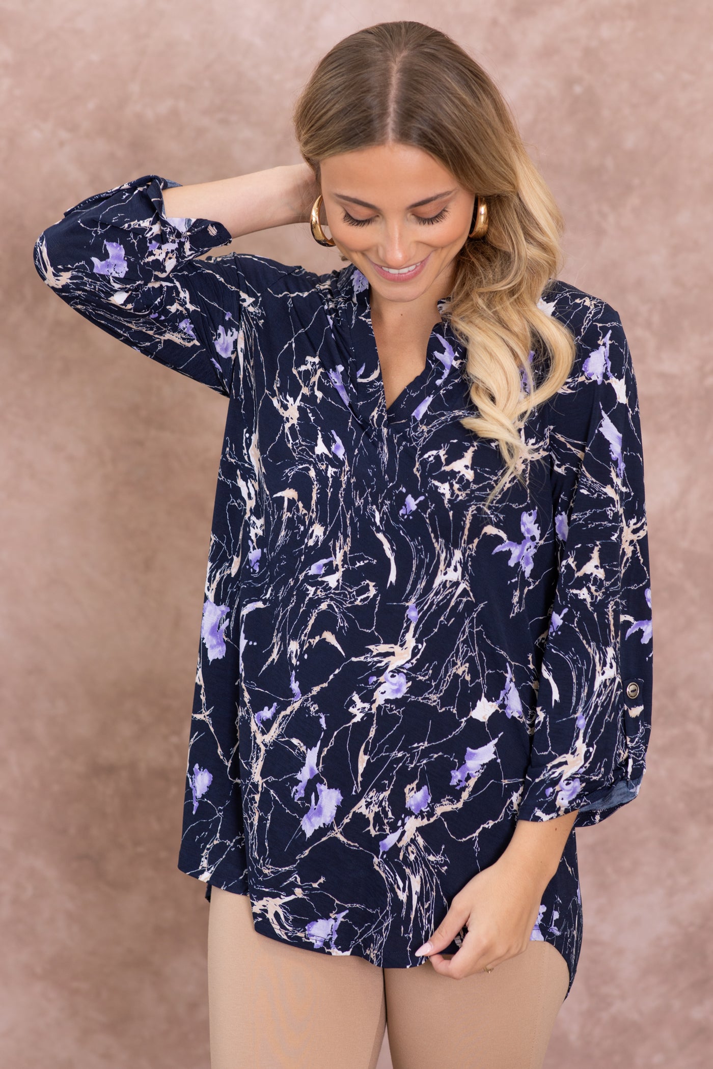 Navy And Violet Printed Wrinkle Free Lizzy Top