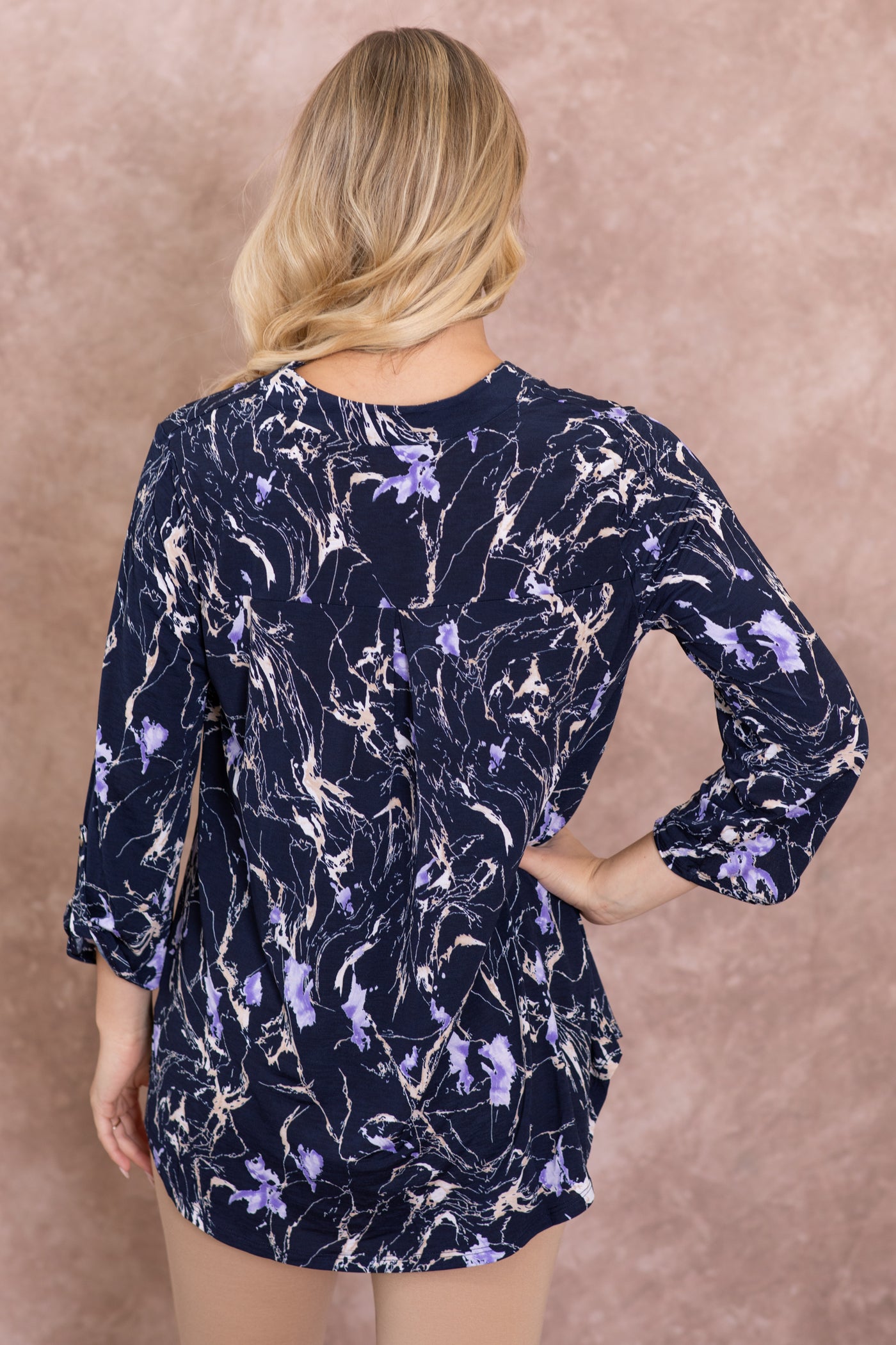 Navy And Violet Printed Wrinkle Free Lizzy Top