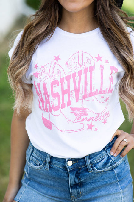 White and Pink Nashville Graphic Tee - Filly Flair