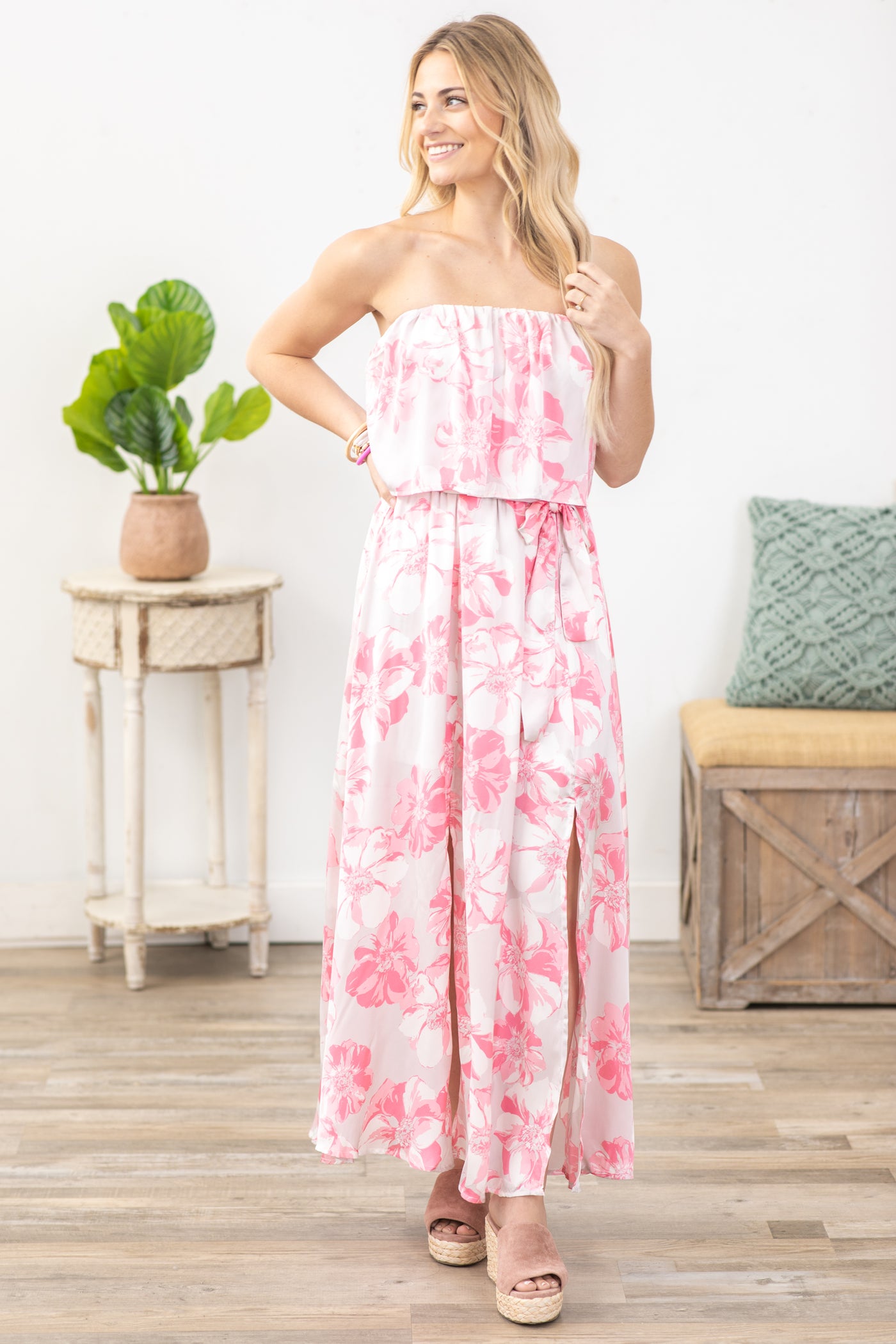 Blush And Grey Floral Maxis Dress With Slits