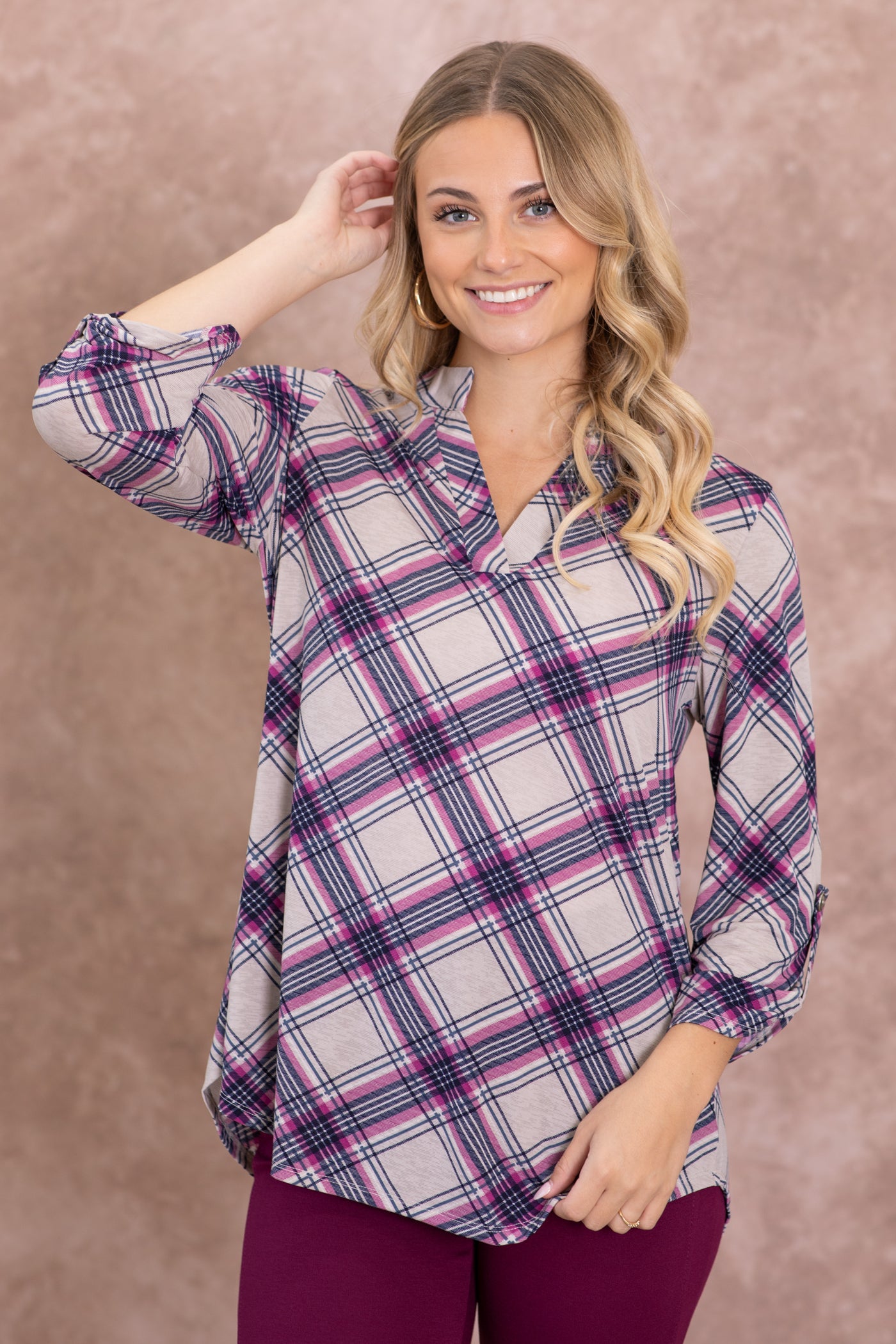 Dusty Beige Plaid Wrinkle Free Lizzy Top