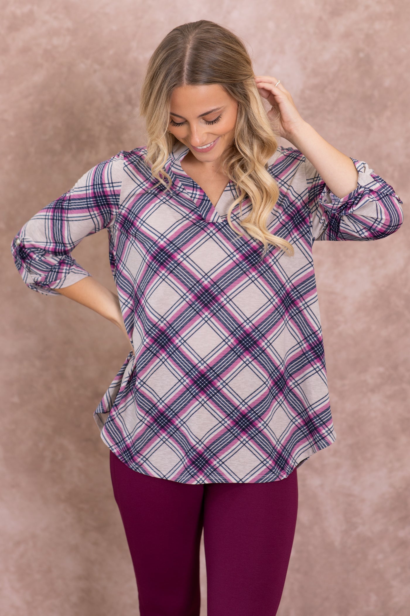 Dusty Beige Plaid Wrinkle Free Lizzy Top