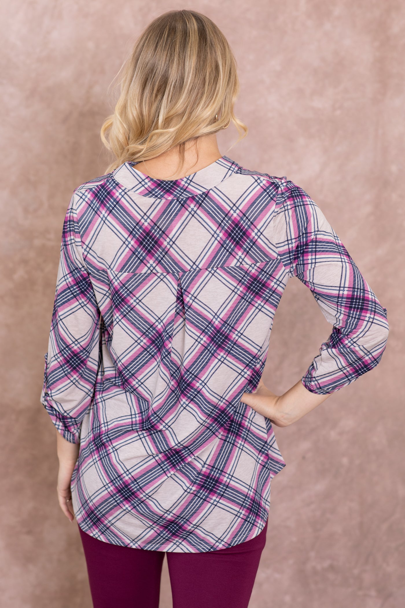 Dusty Beige Plaid Wrinkle Free Lizzy Top