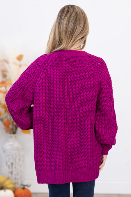 Fuchsia Chunky Knit Cardigan With Pockets