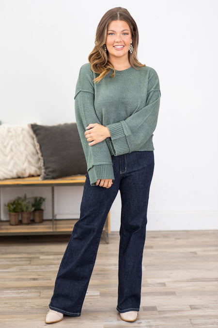 Dark Sage Ribbed Trim Crew Neck Sweater - Filly Flair