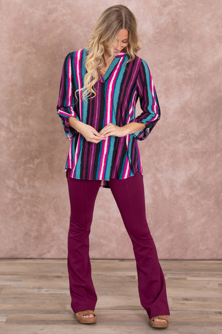 Magenta Stripe Wrinkle Free Lizzy Top