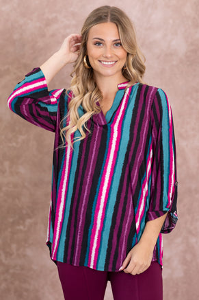 Magenta Stripe Wrinkle Free Lizzy Top