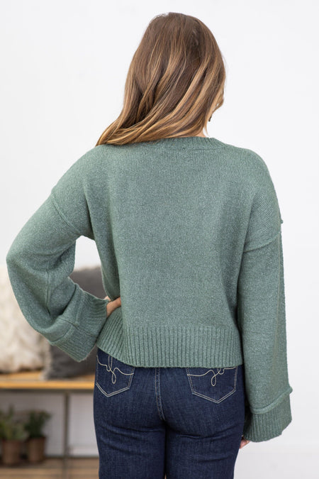 Dark Sage Ribbed Trim Crew Neck Sweater - Filly Flair