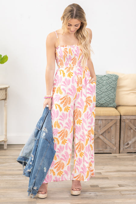 Pink Tropical Leaf Print Jumpsuit