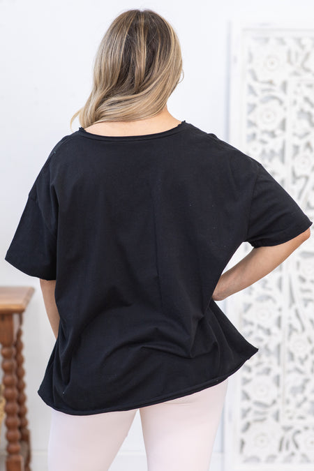 Black Oversized Raw Edge Tee Shirt