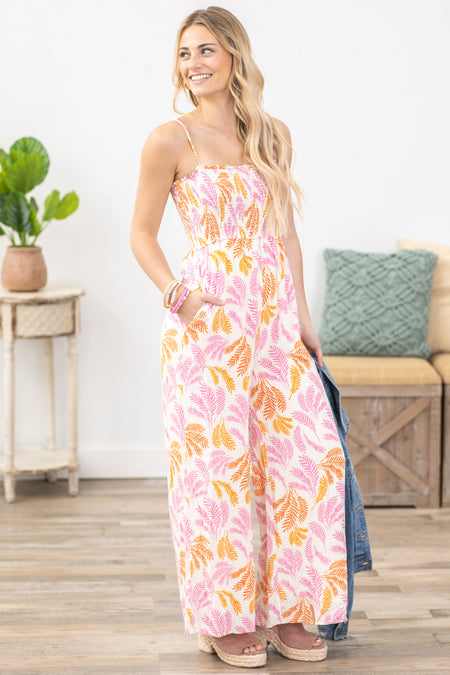 Pink Tropical Leaf Print Jumpsuit