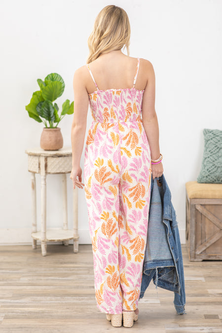 Pink Tropical Leaf Print Jumpsuit