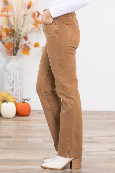 Risen Taupe Raw Hem Tummy Control Jeans